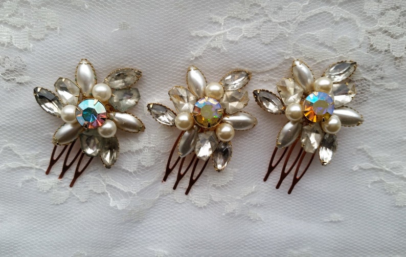 VINTAGE Pearl /& Crystal Bridal Hair Combs Assemblage Set of 1 2 3 Aurora Borealis Rhinestones Classic Bridesmaids Hair Accessories Heirloom