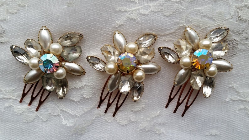 VINTAGE Pearl /& Crystal Bridal Hair Combs Assemblage Set of 1 2 3 Aurora Borealis Rhinestones Classic Bridesmaids Hair Accessories Heirloom