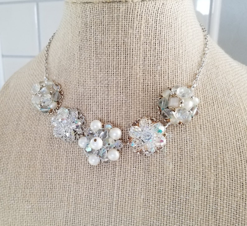 VINTAGE EARRING Necklace Bridal Wedding Bridesmaids Gift Retro Mid Century Soft Iridescent White Silver Amazing Sparkle Old Hollywood Pearls