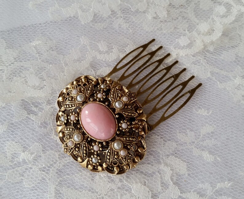 ART DECO VINTAGE Bridal Hair Comb Bride Wedding Mother Bridesmaids Hair Accessories Blush Pink Milk Glass Pearls Gold Oval Art Nouveau