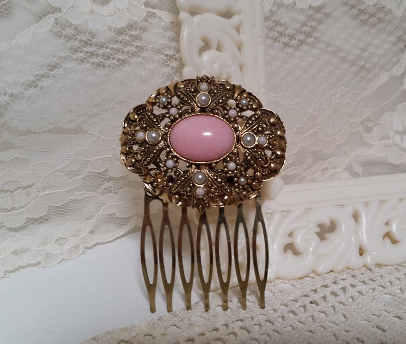 ART DECO VINTAGE Bridal Hair Comb Bride Wedding Mother Bridesmaids Hair Accessories Blush Pink Milk Glass Pearls Gold Oval Art Nouveau