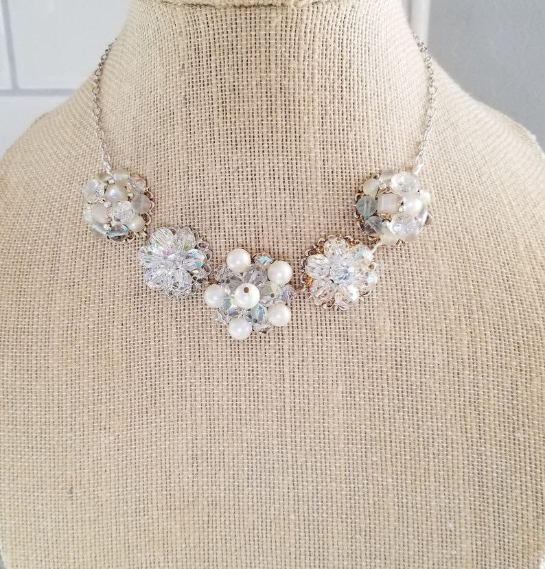 VINTAGE EARRING Necklace Bridal Wedding Bridesmaids Gift Retro Mid Century Soft Iridescent White Silver Amazing Sparkle Old Hollywood Pearls
