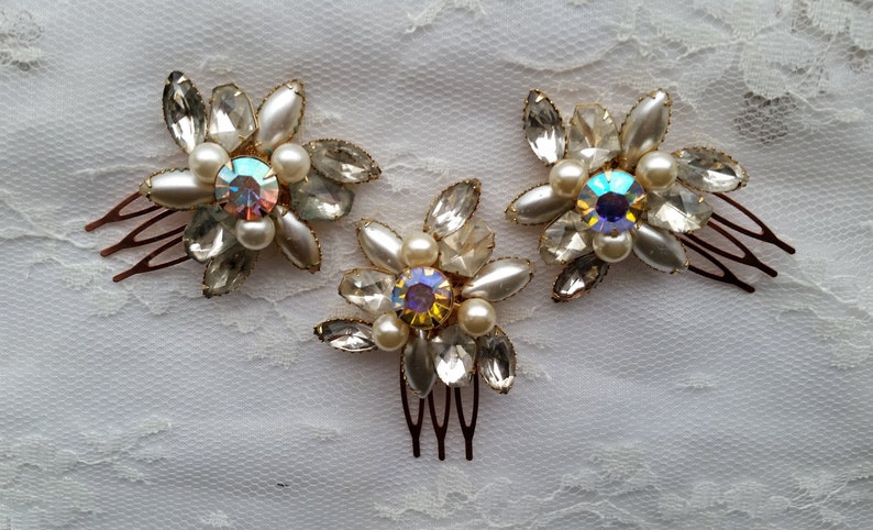VINTAGE Pearl /& Crystal Bridal Hair Combs Assemblage Set of 1 2 3 Aurora Borealis Rhinestones Classic Bridesmaids Hair Accessories Heirloom