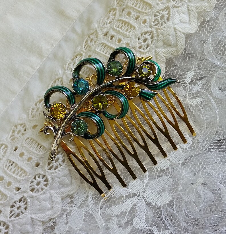 VINTAGE BRIDAL Hair Comb Turquoise Teal Olive Yellow Gold Enamel Fern Frond Leaf Feather Bridesmaids Woodland Wedding OOAK Hair Accessories