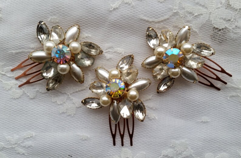 VINTAGE Pearl /& Crystal Bridal Hair Combs Assemblage Set of 1 2 3 Aurora Borealis Rhinestones Classic Bridesmaids Hair Accessories Heirloom