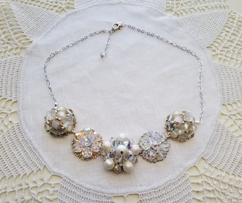 VINTAGE EARRING Necklace Bridal Wedding Bridesmaids Gift Retro Mid Century Soft Iridescent White Silver Amazing Sparkle Old Hollywood Pearls