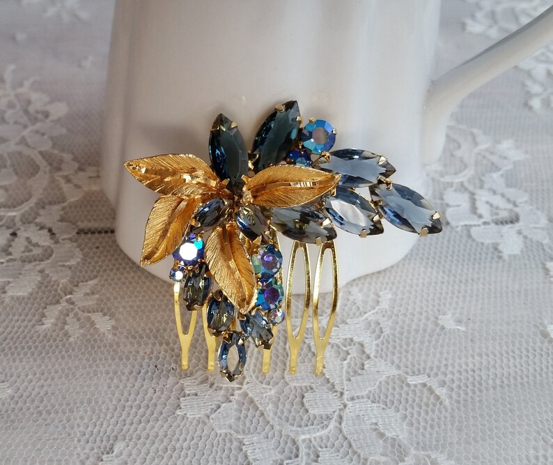 VINTAGE RHINESTONE Bridal Hair Comb Gold Navy Montana AB Sapphire Blue Hair Accessories Mother Wedding One of a Kind Couture Navettes