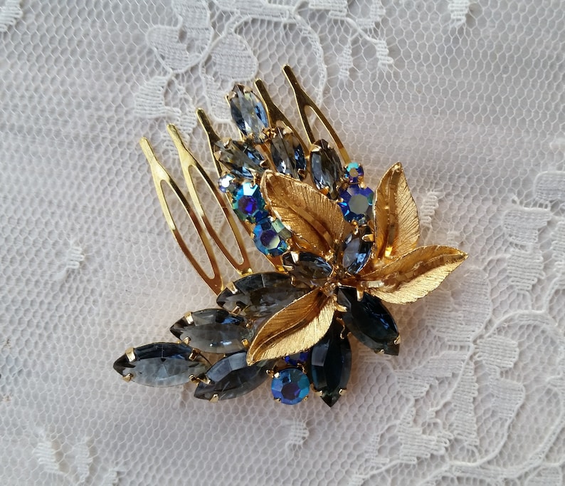 VINTAGE RHINESTONE Bridal Hair Comb Gold Navy Montana AB Sapphire Blue Hair Accessories Mother Wedding One of a Kind Couture Navettes