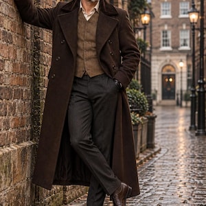 Puede incluir: Un abrigo de lana marrón oscuro sobre una camisa beige y un chaleco de tweed marrón. El conjunto incluye pantalones gris carbón, zapatos de vestir de cuero marrón, guantes de cuero negro y una gorra plana de color gris oscuro.