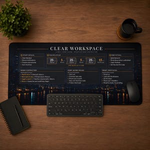 May include: A rectangular desk mat featuring a dark cityscape background and printed productivity guidelines titled CLEAR WORKSPACE. The mat includes sections for start and end rituals, focus cycles, deep work rules, and reset protocols.