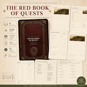 Op de afbeelding: Een digitaal fantasy productiviteitsplannerpakket genaamd The Red Book of Quests, met een donkerrode, versierde omslag, diverse planner-paginalay-outs, een kaart van het boek en een lijst met missies. Bevat 6 PDF-boeken, 448 pagina's en 80 bonusstickers, met volledig gehyperlinkte pagina's in A4- en US Letter-formaten.