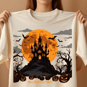 Halloween PNG-design, sublimering av spökslott med fullmåne, pumpor och fladdermöss, digital nedladdningsfil