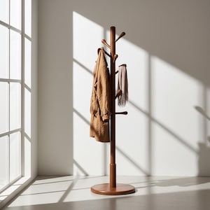 May include: A tall, dark brown wooden coat rack with a circular base and multiple upward-curving pegs. A tan trench coat hangs from one side, and a light beige fringed scarf hangs from another peg on the opposite side of the central vertical post.