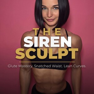 May include: A digital fitness guide titled BY SOFIA THE SIREN SCULPT featuring the subtitle Glute Mastery. Snatched Waist. Lean Curves. The text 16 WEEKS and WOMEN 18-39 appears at the bottom against a solid pink background with a person in black athletic wear.