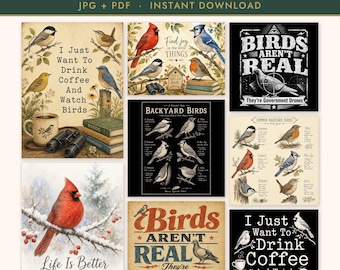 Printable Birdwatching Wall Art - 8 Bird Prints Bundle | Digital Download | Farmhouse Nature Decor