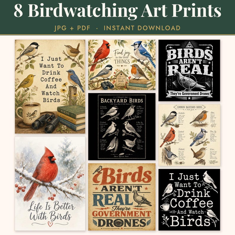 Birdwatching wall art bundle of 8 printable bird prints: watercolour cardinal and blue jay, backyard bird field guide in cream and black, coffee and birds quote prints, birds are not real humour posters and a snowy cardinal print. JPG and PDF instant download.