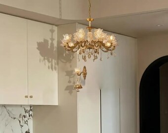 Elegante lampadario da villa europea - Lampada da sala da pranzo in cristallo color bronzo antico