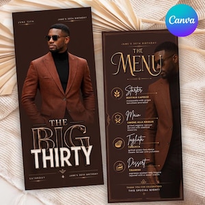 Plantilla de menú de lujo para cena de cumpleaños, menú de fiesta glamuroso editable, decoración de bar moderna en tonos marrones para imprimir, menú elegante para eventos, descarga instantánea.