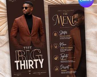 Plantilla de menú de lujo para cena de cumpleaños, menú de fiesta glamuroso editable, decoración de bar moderna en tonos marrones para imprimir, menú elegante para eventos, descarga instantánea.