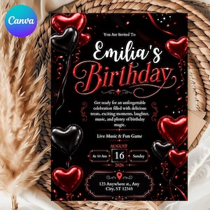 May include: A black birthday invitation card featuring red and black heart-shaped balloons, red ribbons, and confetti. The text reads: You Are Invited To Emilia's Birthday, Get ready for an unforgettable celebration, August 16, 2026, at 10 Am, Sunday.
