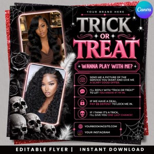 May include: A black Halloween-themed flyer featuring the text TRICK OR TREAT and WANNA PLAY WITH ME. It includes two photos of a person with long dark hair, three skulls, white spiderwebs, and pink neon-style text detailing booking instructions.