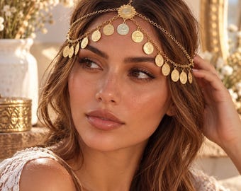 Arabic Head Chain Gold Coin Tassel Hair Jewelry - Boho Bridal Headpiece, Wedding Gift