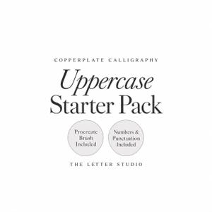 Op de afbeelding: Een digitale afbeelding met zwarte tekst op een witte achtergrond met de tekst Copperplate Calligraphy Uppercase Starter Pack. Twee lichtgrijze cirkels bevatten de tekst Procreate Brush Included en Numbers & Punctuation Included. The Letter Studio.