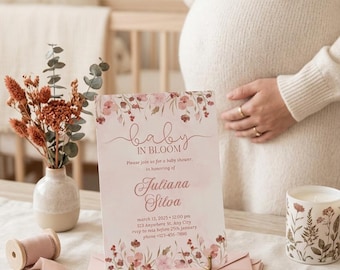 Invitación Baby in Bloom / Invitación para baby shower con diseño floral rosa / Plantilla editable / Descarga digital