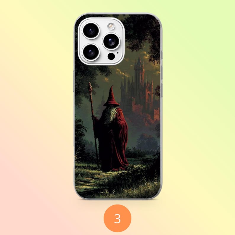 May include: A smartphone case featuring a printed illustration of a figure in a long red robe and pointed hat holding a staff, standing on a path in a dark forest with a large stone castle in the background under a moonlit sky.