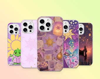 May include: Five smartphone cases featuring various purple and gold designs. The cases display illustrations of a green chameleon, sun motifs, floating lanterns, and a silhouette of a person in a boat on water, all with a consistent color palette.