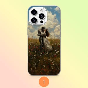 May include: A smartphone case featuring a printed illustration of a knight in silver armor embracing a person in a long white dress. They stand in a field of wildflowers under a blue sky with white clouds. The case has a cutout for a triple camera.