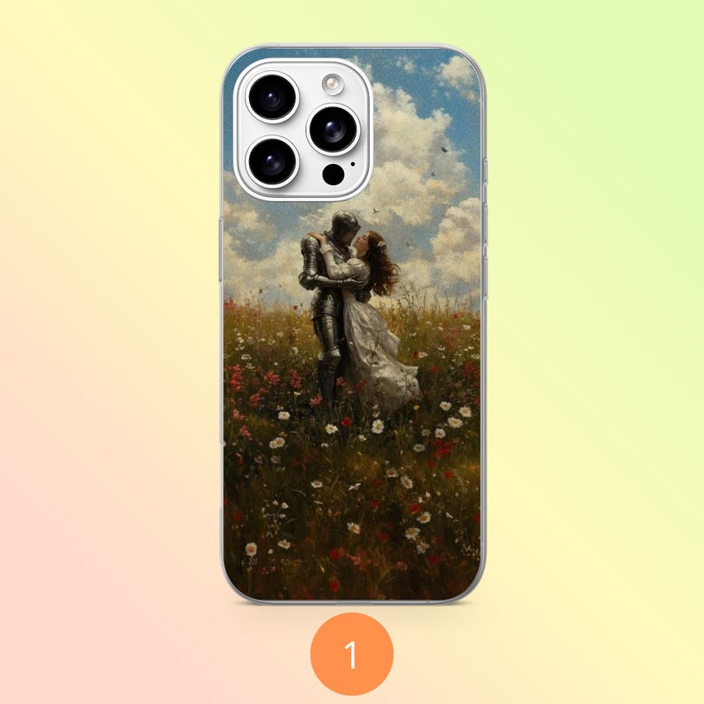 May include: A smartphone case featuring a printed illustration of a knight in silver armor embracing a person in a long white dress. They stand in a field of wildflowers under a blue sky with white clouds. The case has a cutout for a triple camera.