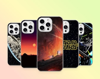 May include: Five smartphone cases featuring Star Wars designs. The cases display various scenes including the Millennium Falcon, a sunset landscape, a fiery planet surface, the Star Wars logo on a starry background, and TIE fighters in space.