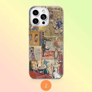 May include: A smartphone case featuring a collage of medieval manuscript illustrations. The design includes figures in historical attire, a knight on horseback, a crowned cat, birds, and Latin text fragments in muted tones of red, blue, and gold.