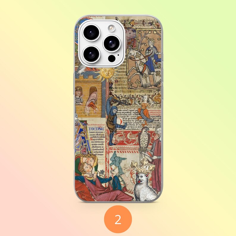 May include: A smartphone case featuring a collage of medieval manuscript illustrations. The design includes figures in historical attire, a knight on horseback, a crowned cat, birds, and Latin text fragments in muted tones of red, blue, and gold.