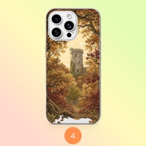 May include: A smartphone case featuring a detailed illustration of a stone castle tower nestled within a dense forest of autumn-colored trees. The scene displays shades of brown, orange, and gold foliage surrounding the tall, weathered structure.