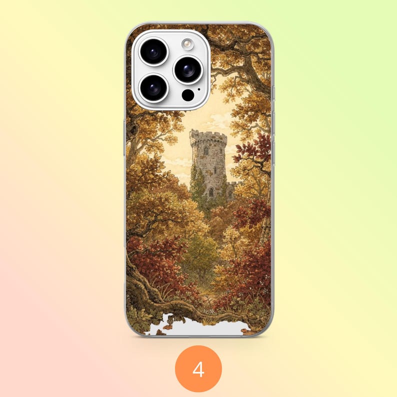 May include: A smartphone case featuring a detailed illustration of a stone castle tower nestled within a dense forest of autumn-colored trees. The scene displays shades of brown, orange, and gold foliage surrounding the tall, weathered structure.