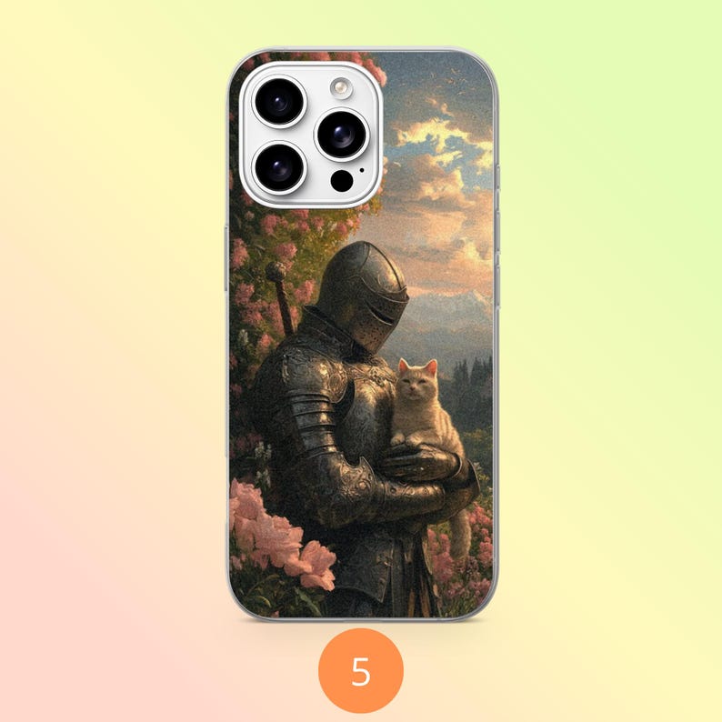 May include: A smartphone case featuring a printed illustration of a knight in dark metal armor holding a small orange cat. The scene includes pink flowers, a sword hilt, and a sunset sky with clouds over a distant mountain landscape.