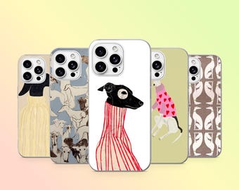 May include: Five smartphone cases featuring greyhound illustrations. Designs include a dog in a cream skirt, a blue pattern of multiple dogs, a dog in a red striped sweater, a dog in a pink heart sweater, and a repeating pattern of greyhound silhouettes.