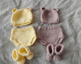 Conjunto de gorro e capa de fralda de crochê para bebê, presente personalizado para recém-nascido.