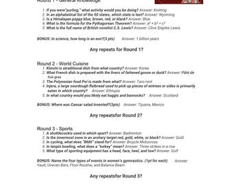 General Knowledge, World Cuisine, Sports, History, and Movie Quotes - Questions and Answers Only!