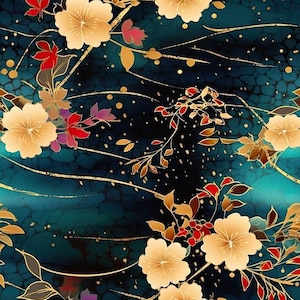 Peut inclure: Un motif répétitif composé de fleurs dorées claires et de feuilles rouges sur un fond bleu sarcelle foncé à texture craquelée. De fines lignes dorées fluides s'entrelacent parmi les éléments floraux, agrémentées de petits points dorés.