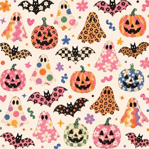 Peut inclure: Un motif répétitif sur fond crème représentant des fantômes, des citrouilles d'Halloween et des chauves-souris colorés. Les fantômes présentent divers imprimés comme des pois et des fleurs. Les citrouilles et chauves-souris sont variées.