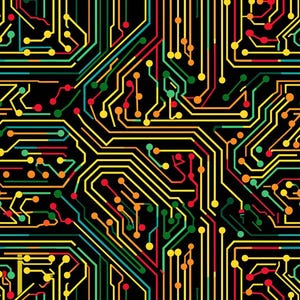 Può includere: Un motivo digitale continuo su sfondo nero con linee di circuito stampato interconnesse in tonalità vivaci di giallo, arancione, rosso e verde. Il design presenta percorsi geometrici e nodi circolari in una disposizione elettronica ripetitiva.