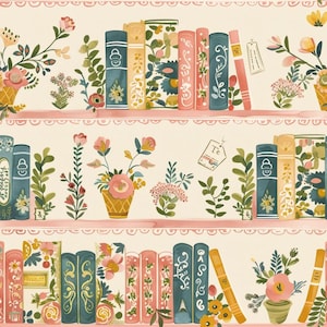May include: A repeating pattern illustration featuring rows of bookshelves with various hardcover books in shades of blue, pink, yellow, and green, interspersed with potted floral arrangements, leafy green stems, and small hanging paper tags.
