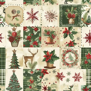Peut inclure: Un motif de tissu composé d'une grille de carrés avec des motifs de Noël, notamment des poinsettias rouges, du houx vert, des rennes bruns, des sapins décorés, des flocons rouges et des couronnes festives sur fond crème et vert.