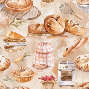 Puede incluir: Un patrón repetitivo con ilustraciones en acuarela de diversos productos horneados, incluyendo hogazas redondas, una porción de tarta, un pastel bundt y una baguette, junto a un batidor, un horno pequeño y un cuenco de frambuesas rojas sobre fondo beige.