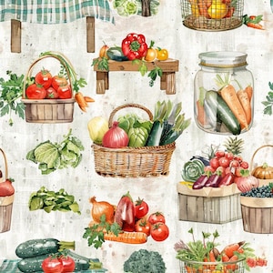 May include: A repeating pattern featuring watercolor illustrations of various vegetables including red tomatoes in a woven basket, carrots in a glass jar, onions, leafy greens, and peppers arranged on wooden surfaces and in rustic containers.