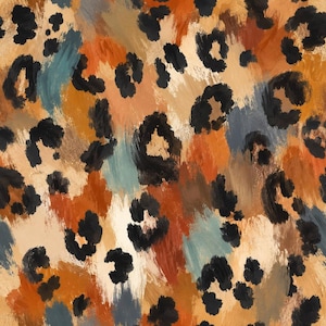 May include: A repeating pattern featuring black leopard-style spots layered over a textured background of brushstrokes in shades of burnt orange, muted blue, cream, and tan. The design mimics a painterly aesthetic with visible paint textures.