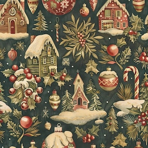 Può includere: Un tessuto verde scuro con un motivo ripetuto di decorazioni natalizie, tra cui case innevate, chiese, alberi di pino, bacche di agrifoglio rosse, foglie verdi, bastoncini di zucchero e varie palline di Natale dorate e rosse.